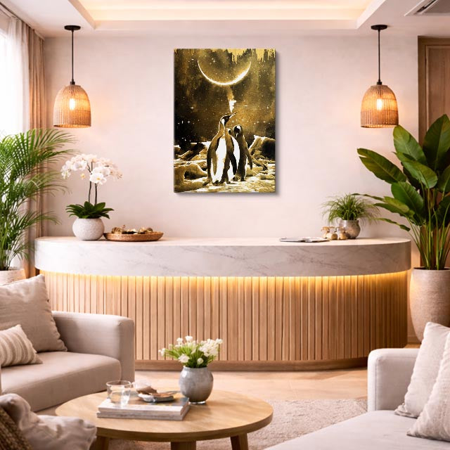 cuadro canvas vida marina pingüinos bajo luna vertical