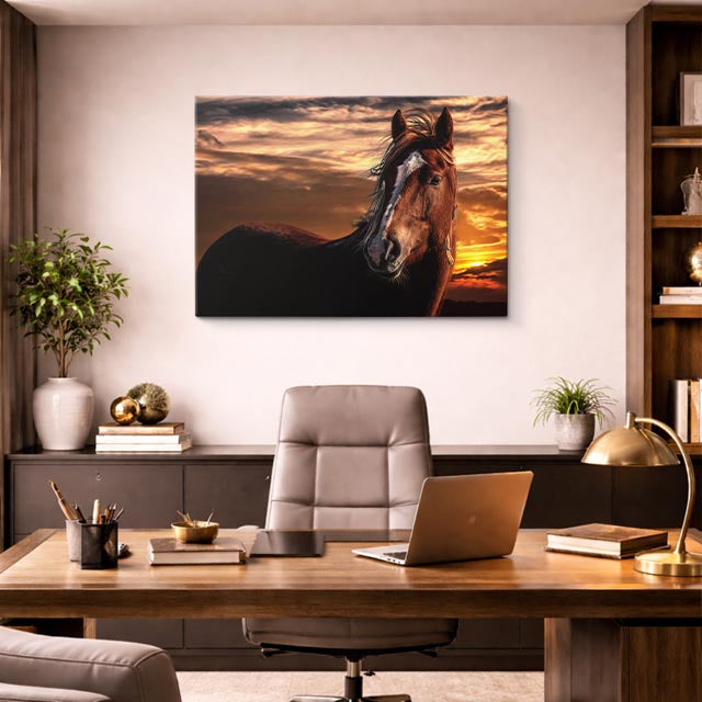 cuadro canvas vida salvaje silueta de caballo al atardecer horizontal
