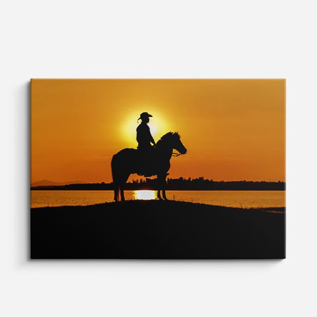 cuadro canvas vida salvaje jinete a caballo atardecer horizontal