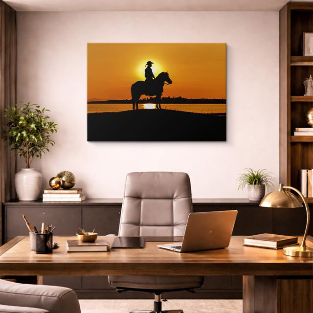 cuadro canvas vida salvaje jinete a caballo atardecer horizontal