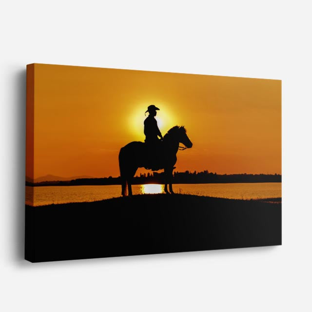 cuadro canvas vida salvaje jinete a caballo atardecer horizontal