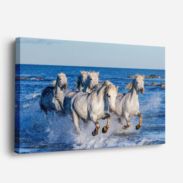 cuadro canvas vida salvaje caballos galopando en mar horizontal