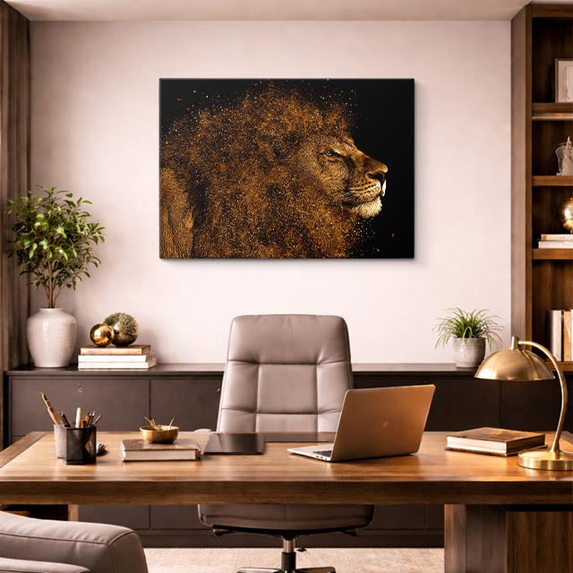 cuadro canvas vida salvaje león polvo dorado horizontal