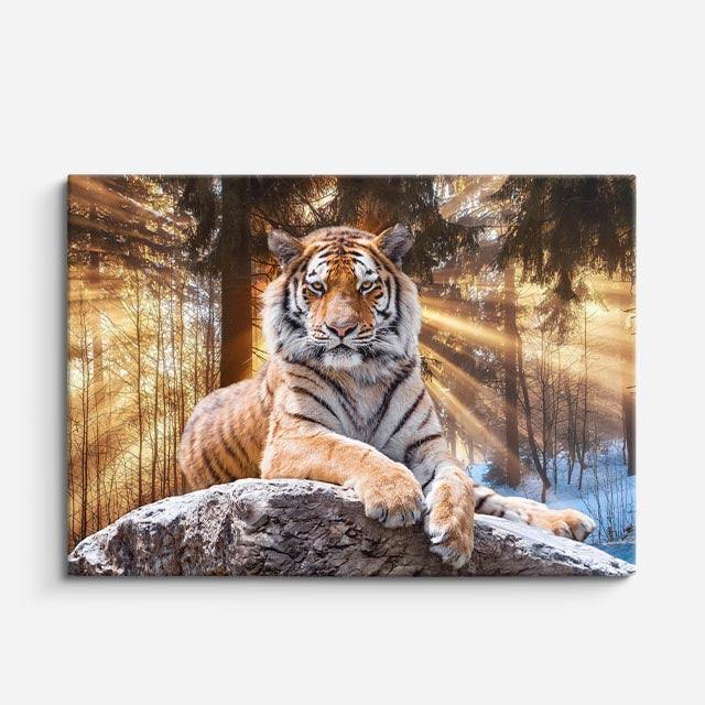 cuadro canvas vida salvaje tigre entre rayos de luz horizontal