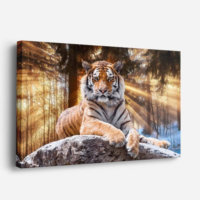 cuadro canvas vida salvaje tigre entre rayos de luz horizontal