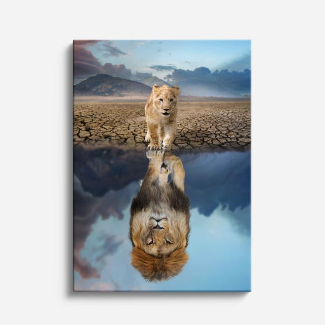 cuadro canvas vida salvaje reflejo del león vertical