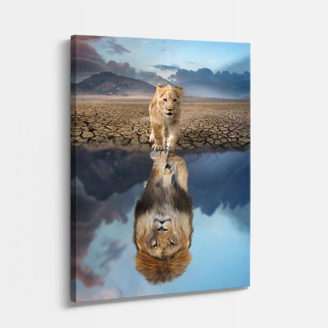cuadro canvas vida salvaje reflejo del león vertical