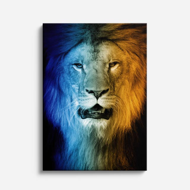 cuadro canvas vida salvaje león azul dorado vertical