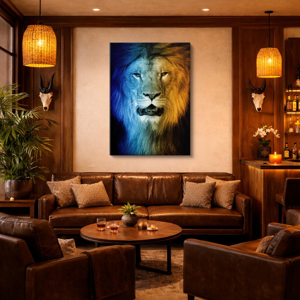 cuadro canvas vida salvaje león azul dorado vertical