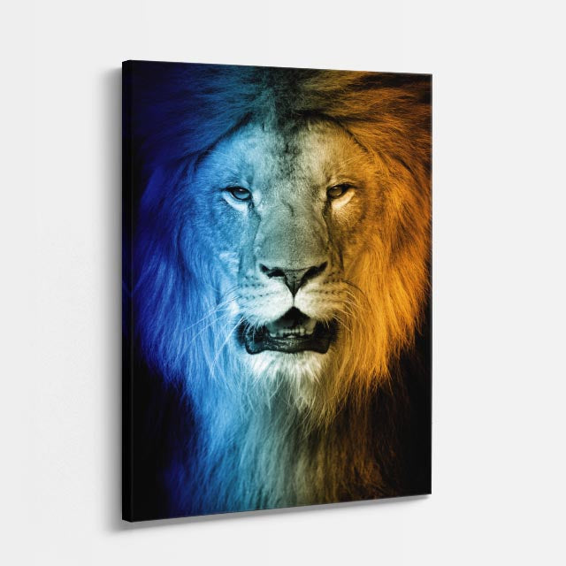 cuadro canvas vida salvaje león azul dorado vertical