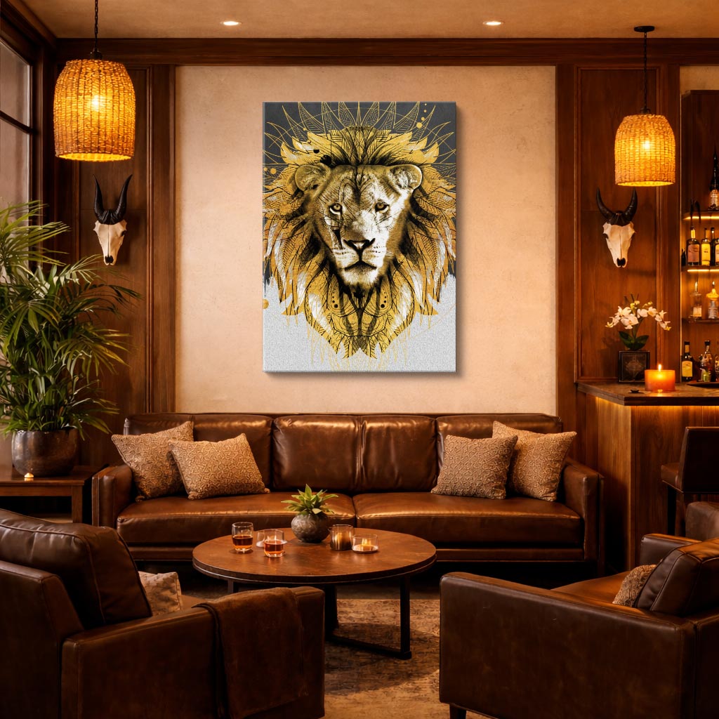 cuadro canvas vida salvaje león emblema dorado vertical