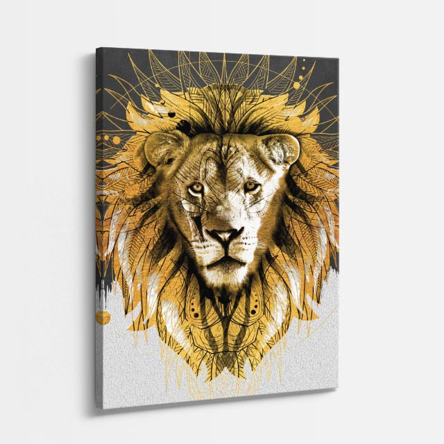 cuadro canvas vida salvaje león emblema dorado vertical