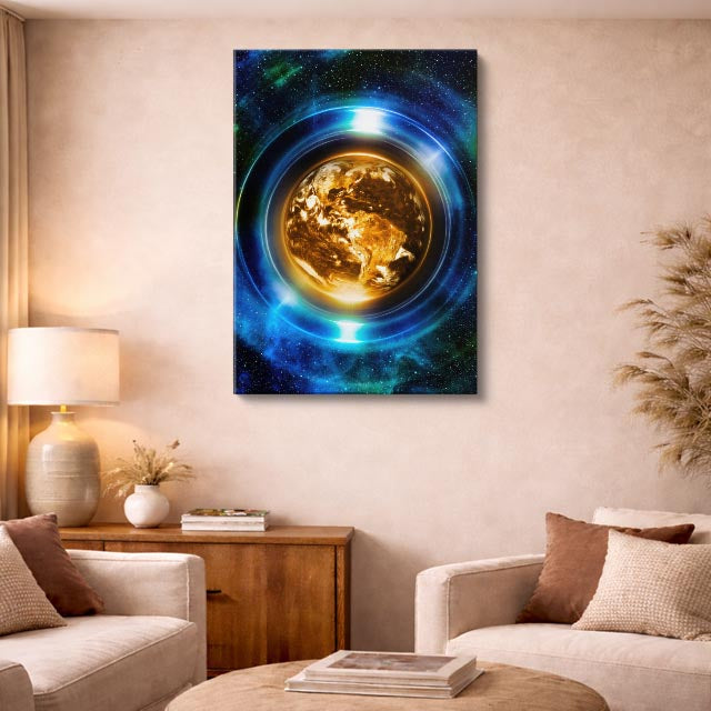 cuadro canvas arte cósmico planeta dorado vertical musafy