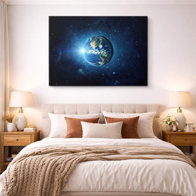 cuadro canvas galaxias y planetas tierra radiante horizontal