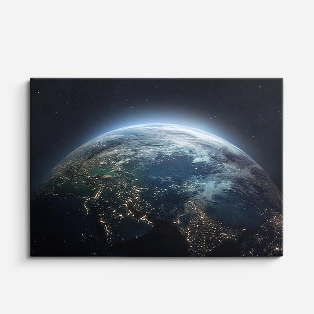 cuadro canvas galaxias y planetas horizonte azul horizontal