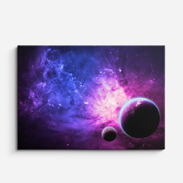 cuadro canvas galaxias y planetas nebulosa violeta horizontal