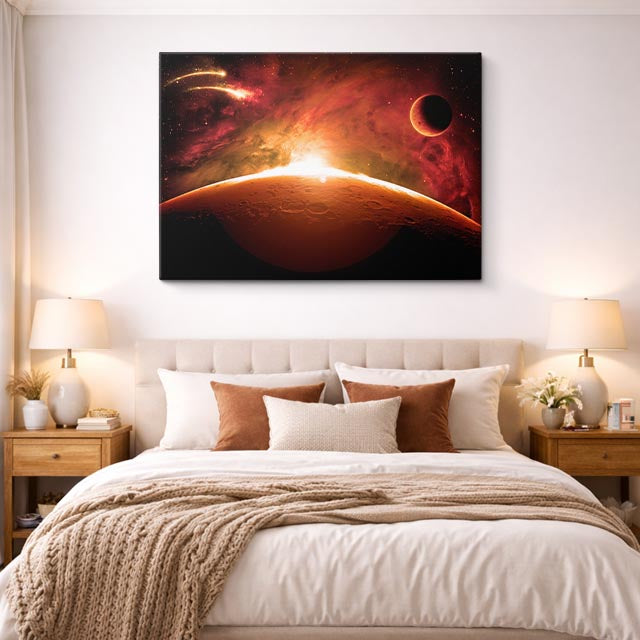 cuadro canvas galaxias y planetas amanecer solar horizontal