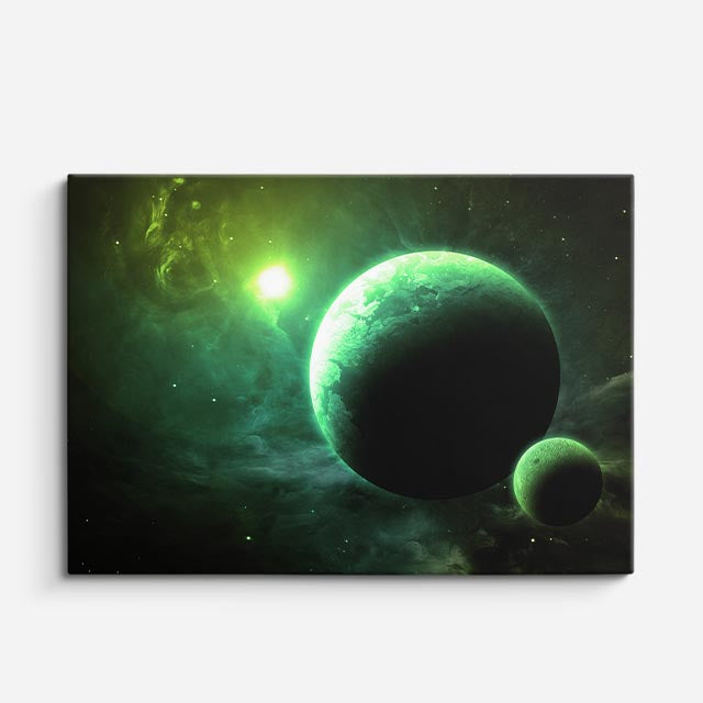 cuadro canvas galaxias y planetas esfera esmeralda horizontal