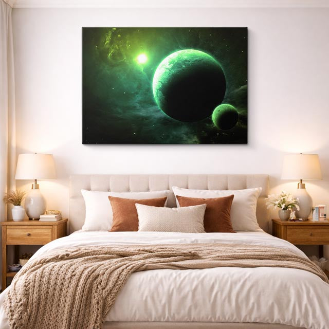 cuadro canvas galaxias y planetas esfera esmeralda horizontal