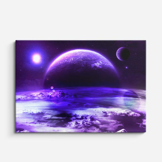 cuadro canvas galaxias y planetas horizonte violeta horizontal