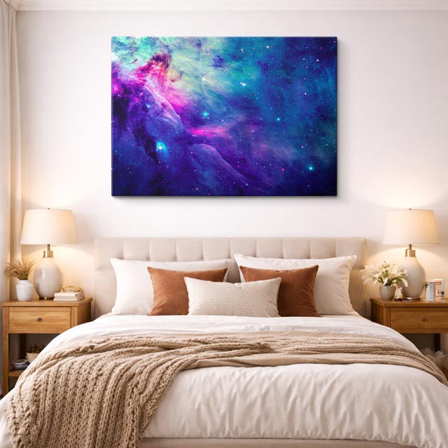 cuadro canvas galaxias y planetas nebulosa turquesa horizontal