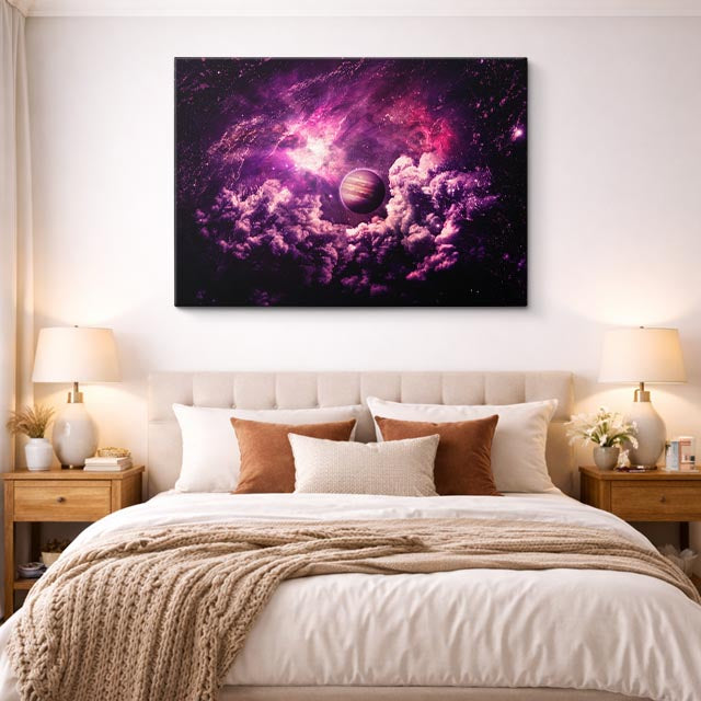 cuadro canvas galaxias y planetas cosmos rosado horizontal