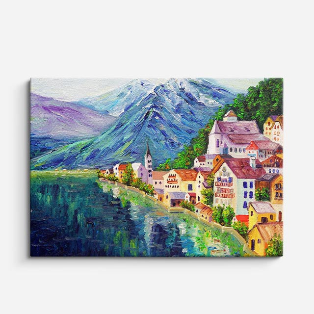 cuadro canvas arte y estilo pueblo alpino junto al lago horizontal