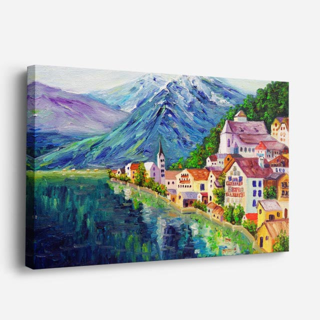 cuadro canvas arte y estilo pueblo alpino junto al lago horizontal