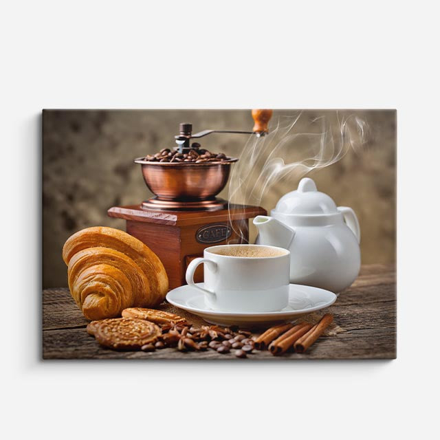 cuadro canvas café croissant y cafe horizontal