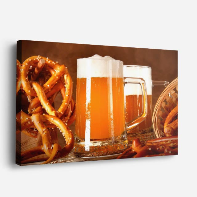 cuadro canvas cerveza brindis con pretzel horizontal