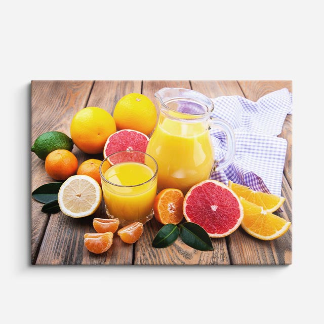 cuadro canvas jugos y frutas citricos al sol horizontal