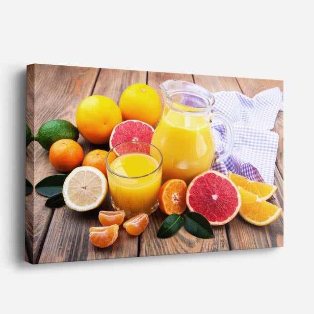 cuadro canvas jugos y frutas citricos al sol horizontal