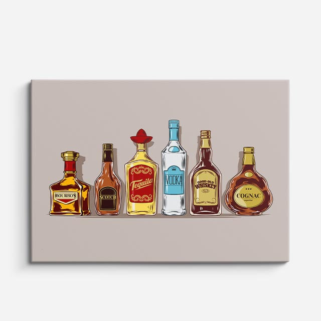 cuadro canvas cócteles y licores botellas vintage horizontal