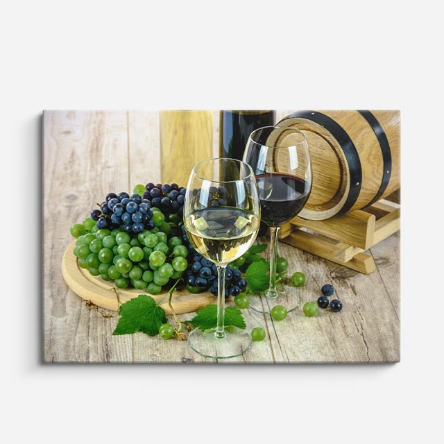 cuadro canvas vino copa y barrica horizontal
