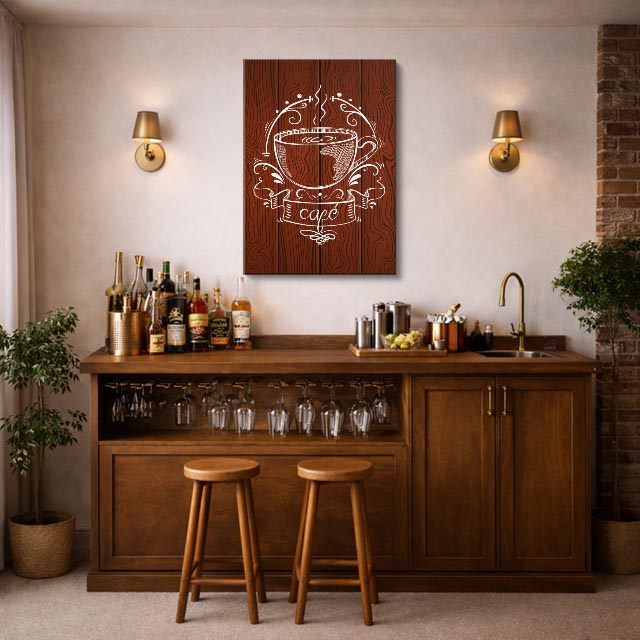 cuadro canvas de café emblema de café sobre fondo de madera estilo rústico estilo rústico