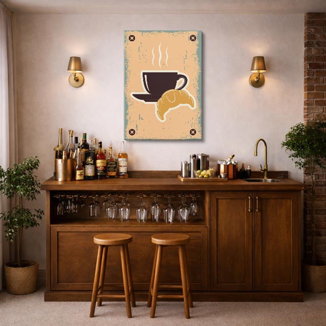 cuadro canvas de café taza de café con croissant en estilo retro cálido estilo retro