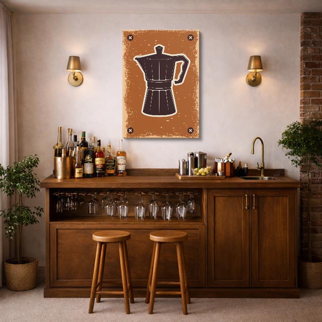 cuadro canvas de café cafetera moka en composición retro y cálida estilo retro