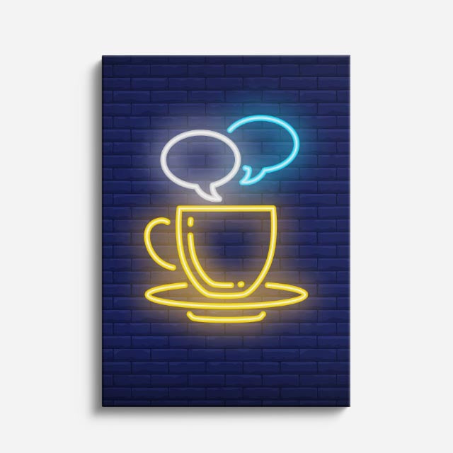 cuadro canvas de café taza de café en neón con fondo urbano estilo neón