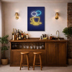 cuadro canvas de café taza de café en neón con fondo urbano estilo neón