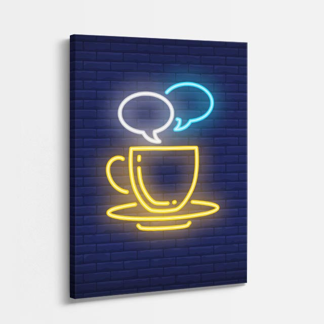 cuadro canvas de café taza de café en neón con fondo urbano estilo neón