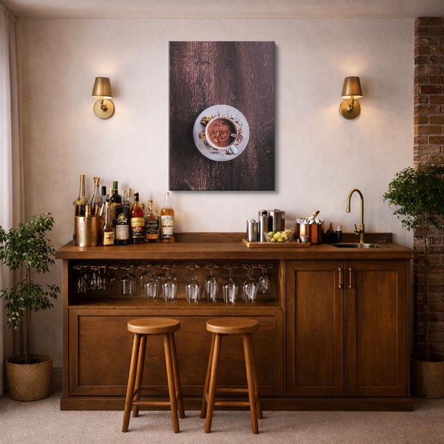 cuadro canvas moka sobre mesa de madera estilo íntimo rústico