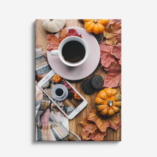cuadro canvas café con hojas otoñales estilo cálido acogedor