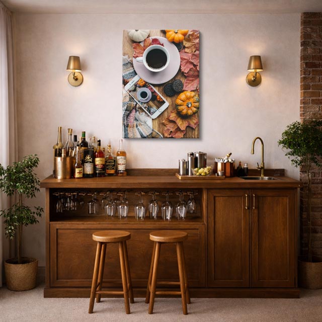 cuadro canvas café con hojas otoñales estilo cálido acogedor