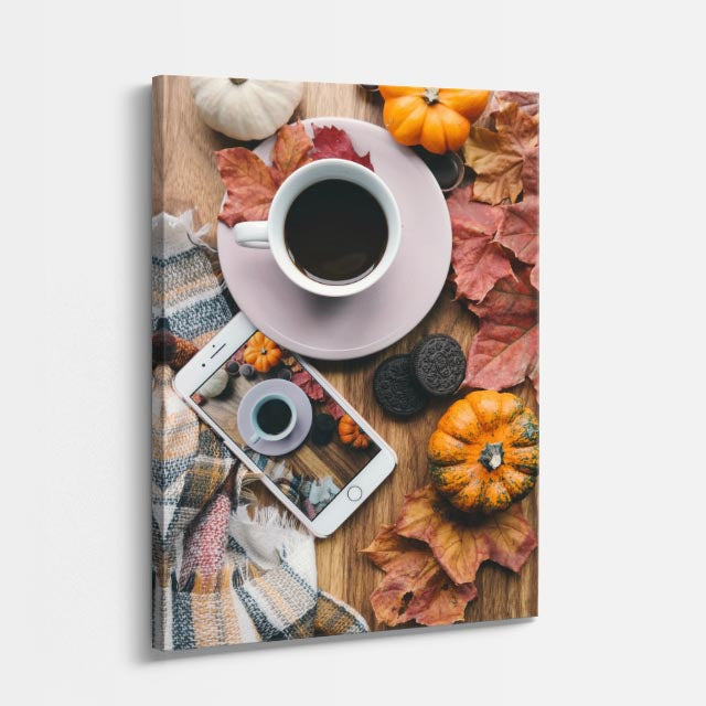 cuadro canvas café con hojas otoñales estilo cálido acogedor