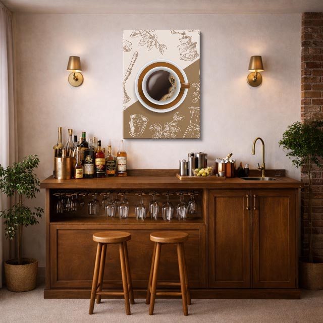 cuadro canvas taza de café ilustrada estilo clásico cálido
