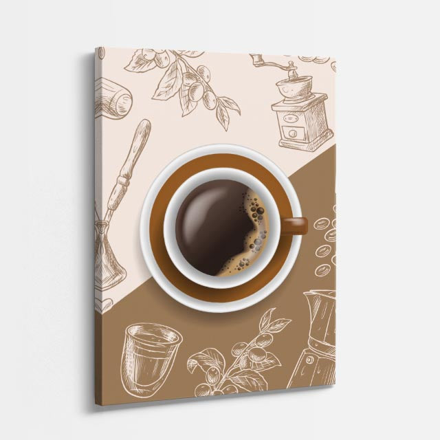 cuadro canvas taza de café ilustrada estilo clásico cálido