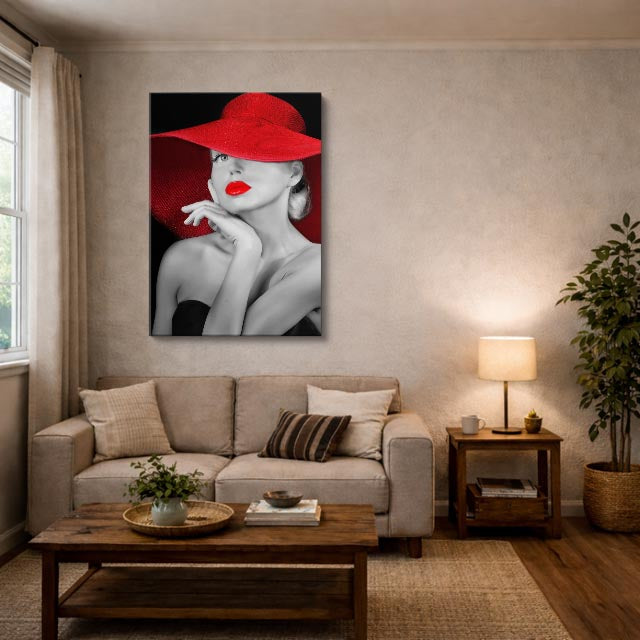 cuadro canvas expresión artística humana sombrero escarlata estilo contemporáneo
