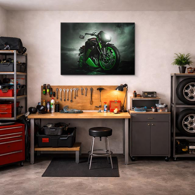 cuadro canvas vehículos custom verde llamas nocturnas horizontal