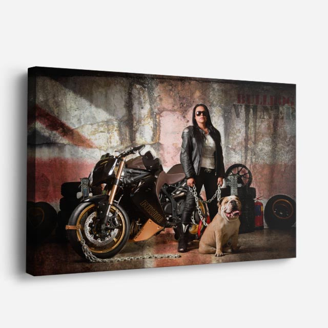 cuadro canvas vehículos piloto femenina moto vintage horizontal