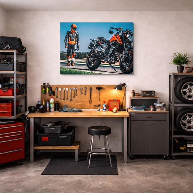 cuadro canvas vehículos ktm naranja piloto en ruta horizontal